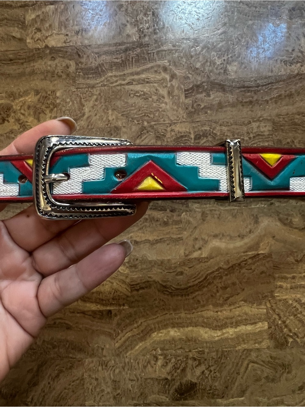 Geometric Turquoise & Red Women's Leather Belt with Silver Buckle